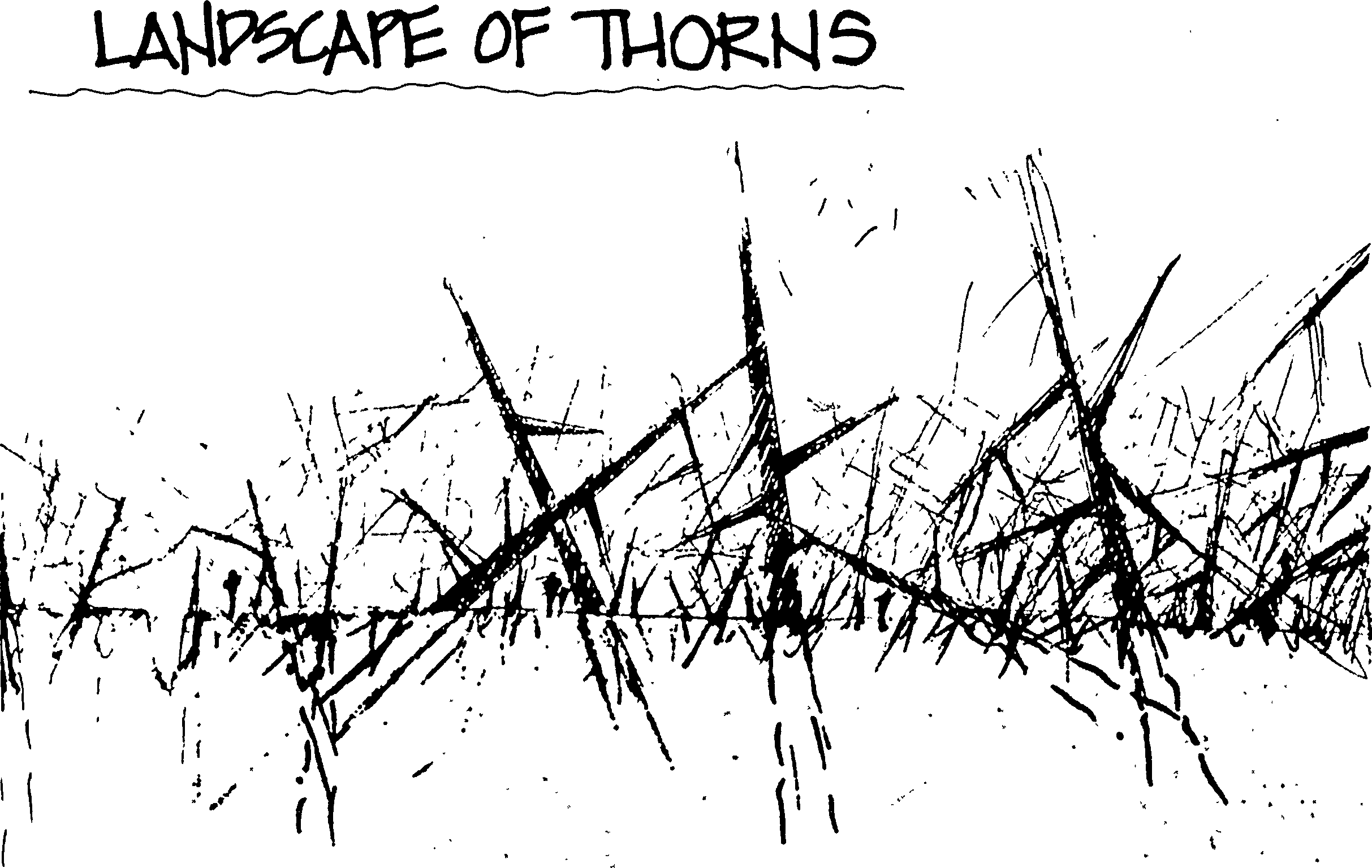 Drawing of a tangle of large stone spikes, showing the outlines each spike extending underground