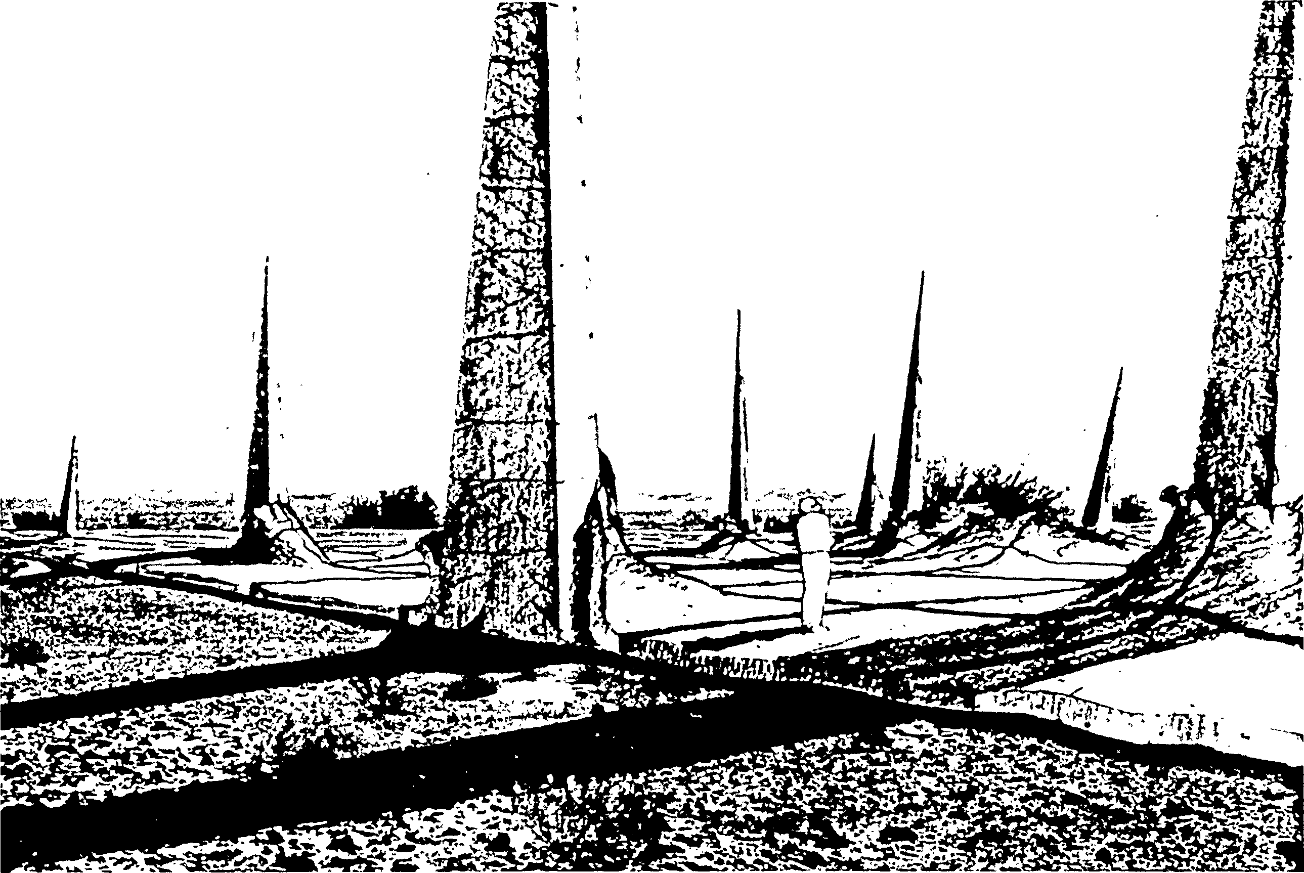 Drawing of a person standing on a paved surface deformed by the large stone spikes jutting through it