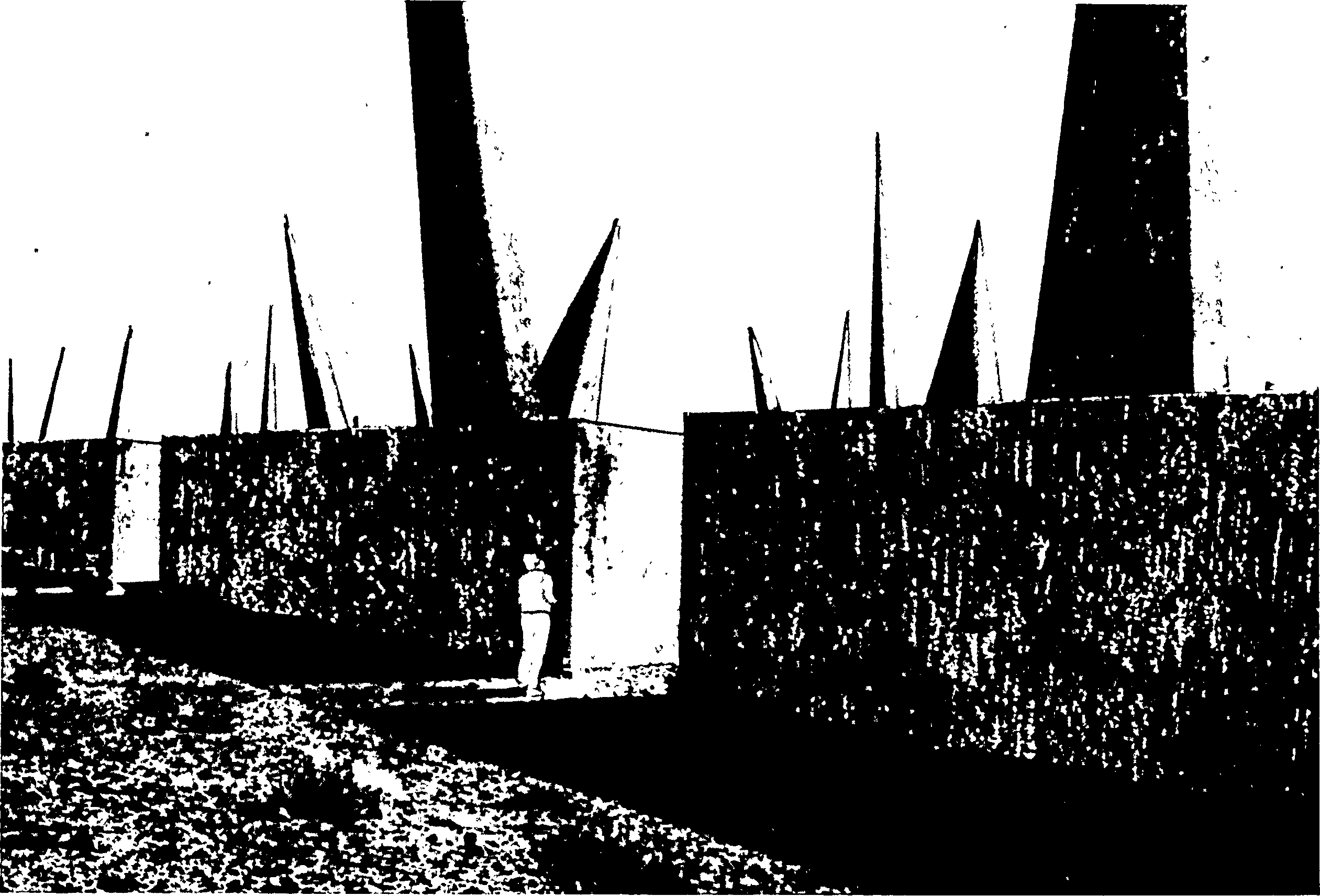 Drawing of a person at the entrance to a grid of large stone blocks, with spikes jutting out of each block